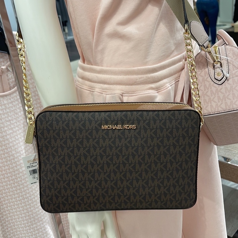 Michael Kors Jet Set Item Large East West Zip Crossbody Brown Signature